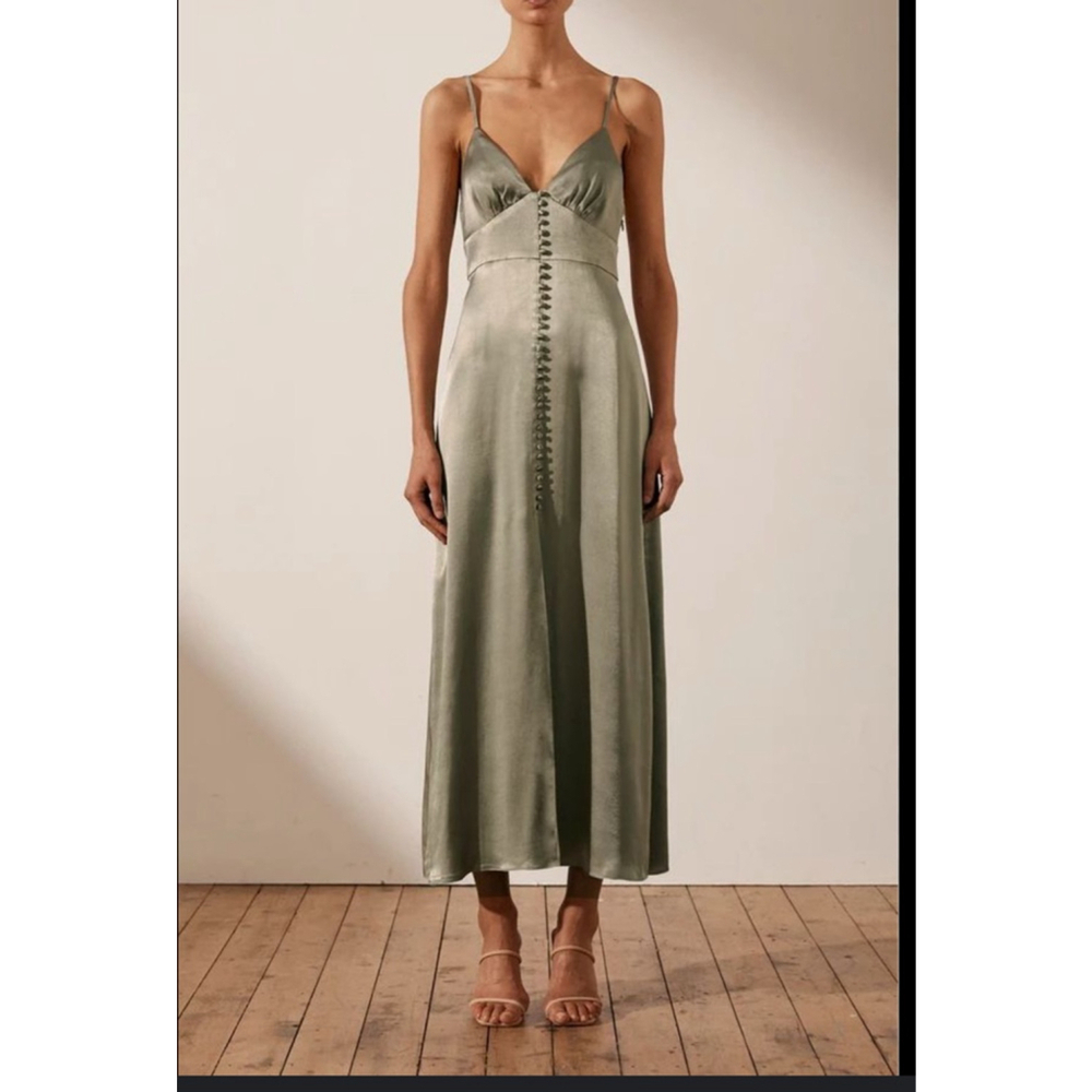 Shona Joy La Lune Bias Cut Midi Dress Size 6 Sage Satin Button Front Silky Forma